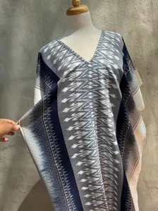 Ikat Hand Woven Pattern Kaftan in Indigo Blue with White