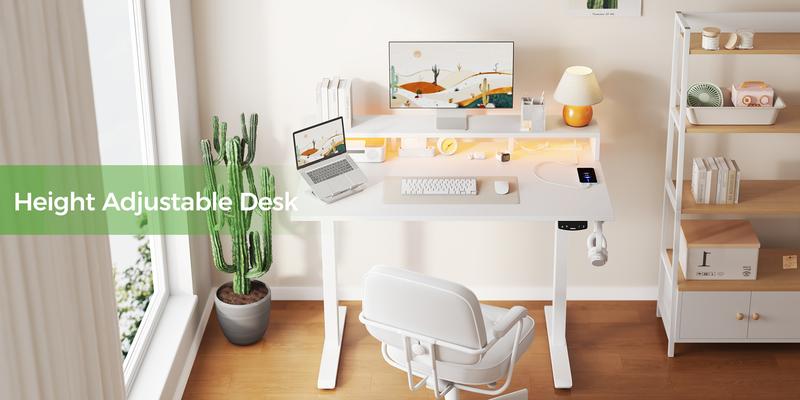 Agilestic 47.2 inch Electric Standing Desk with Power Outlet and LED Light Strip, Height Adjustable Sit-Stand Desk with Storage Shelf & Hooks, Home Office Computer Desk with Memory Buttons