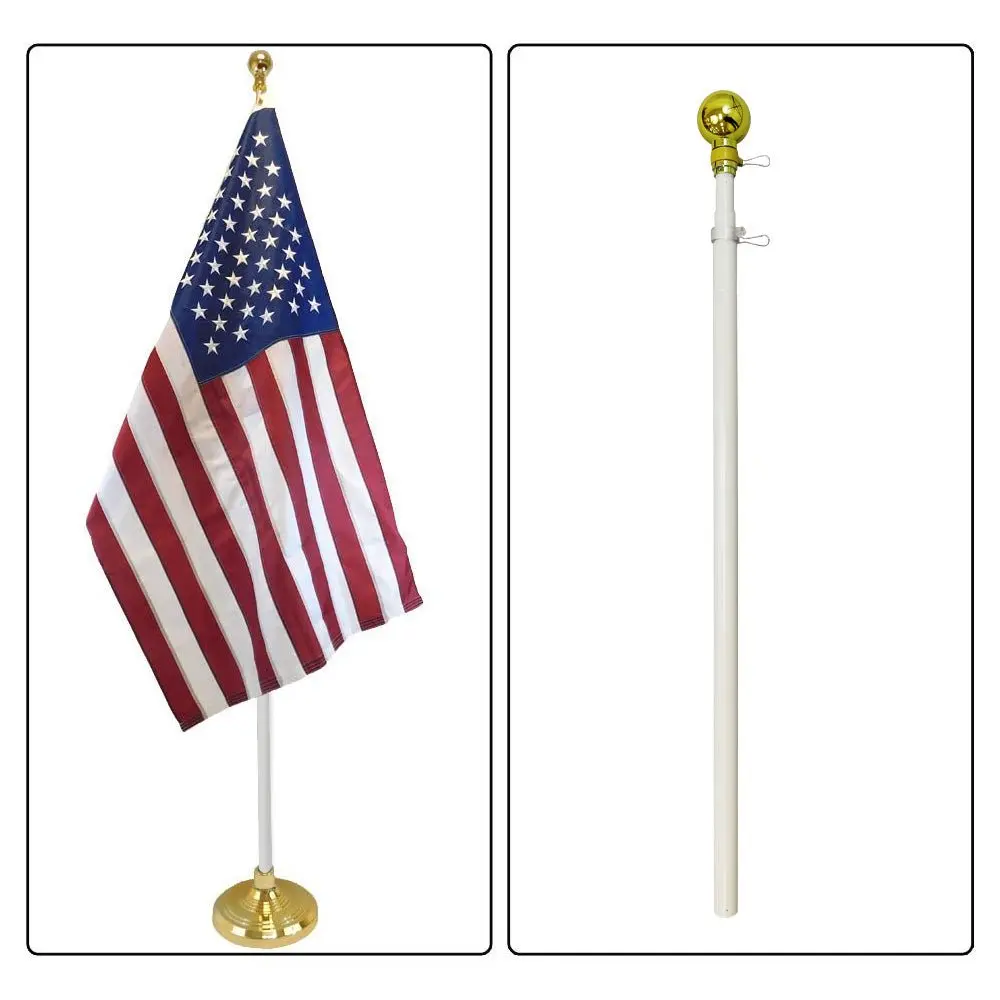 8ft Collapsible Adjustable 3-Section White Aluminum Flag Pole with Gold Ball Top