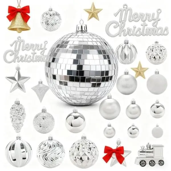 65-Piece Polished Metallic Silver Shatterproof Christmas Ornaments Set - Mixed-Size Balls & Decor Assortment, Hangable Decoration for Family Holiday Tree & Tiered Displays