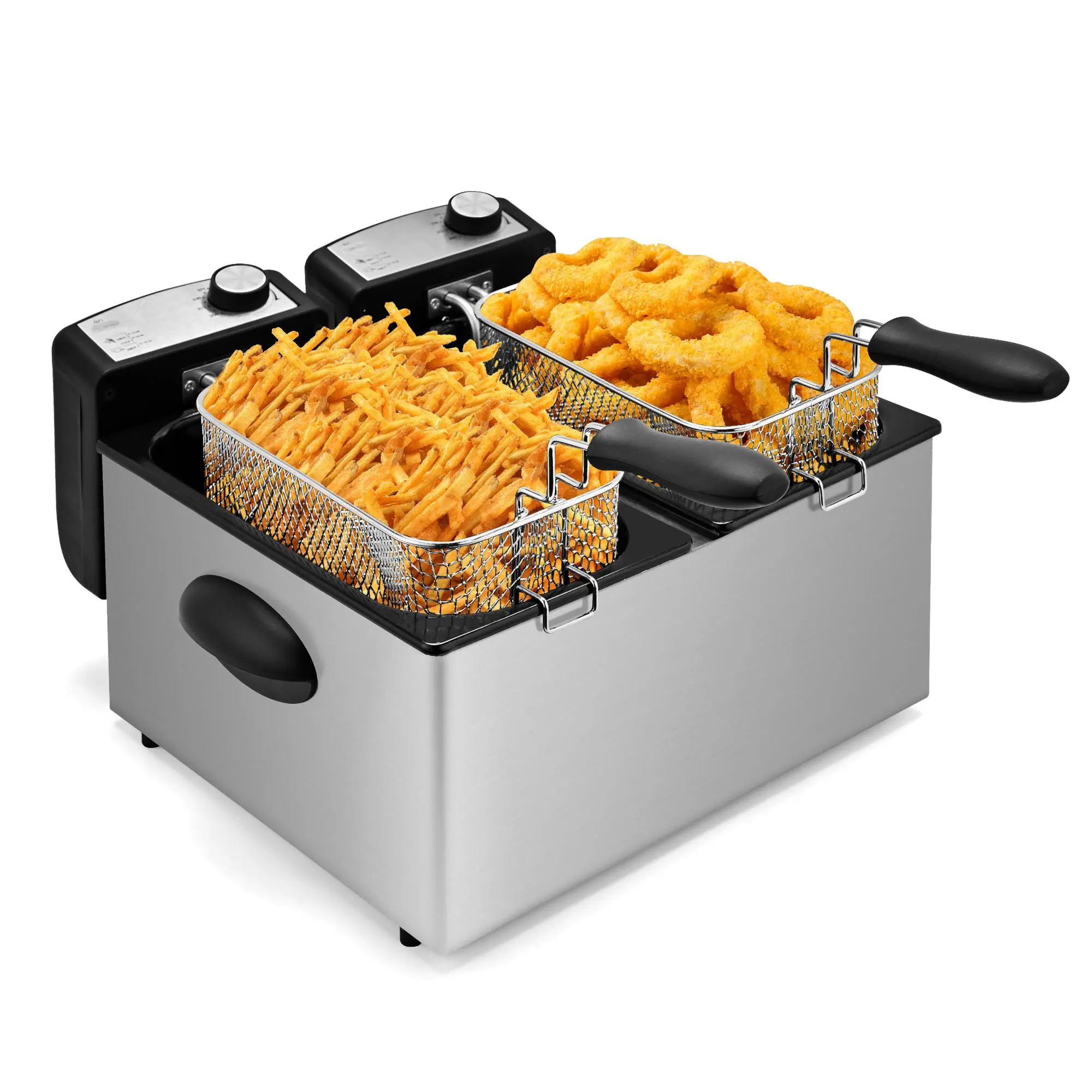 SUSTEAS 2-Basket Dual Tank Deep Fryer Cooker - 3000W Stainless Steel Kitchen Appliance with 5.2QT/6.3QT Dual Zone, Built-In Timer, Viewing Window, Odorless Filter, Non-Stick Insert Pot, Modern Solution Deep Fryer Pot