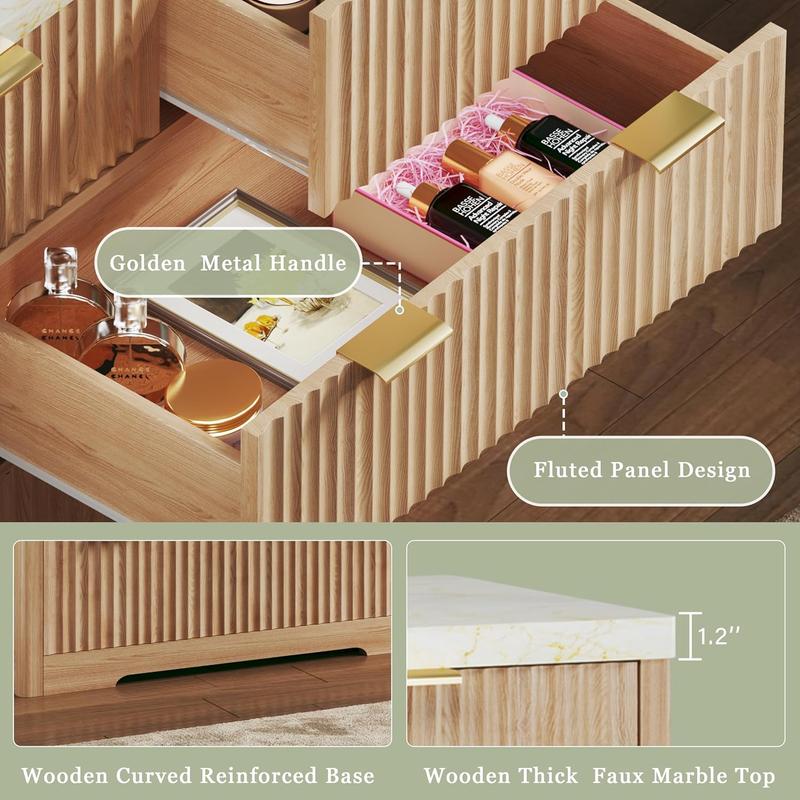 Fluted Dresser for Bedroom with 7/9 Drawers, 53'' Modern Dressers with Faux Marble Top, Mid Century Chests of Drawers with Gold Handle & Curved Profile, Natural Wood TV Dresser for Bedroom, Living Room
