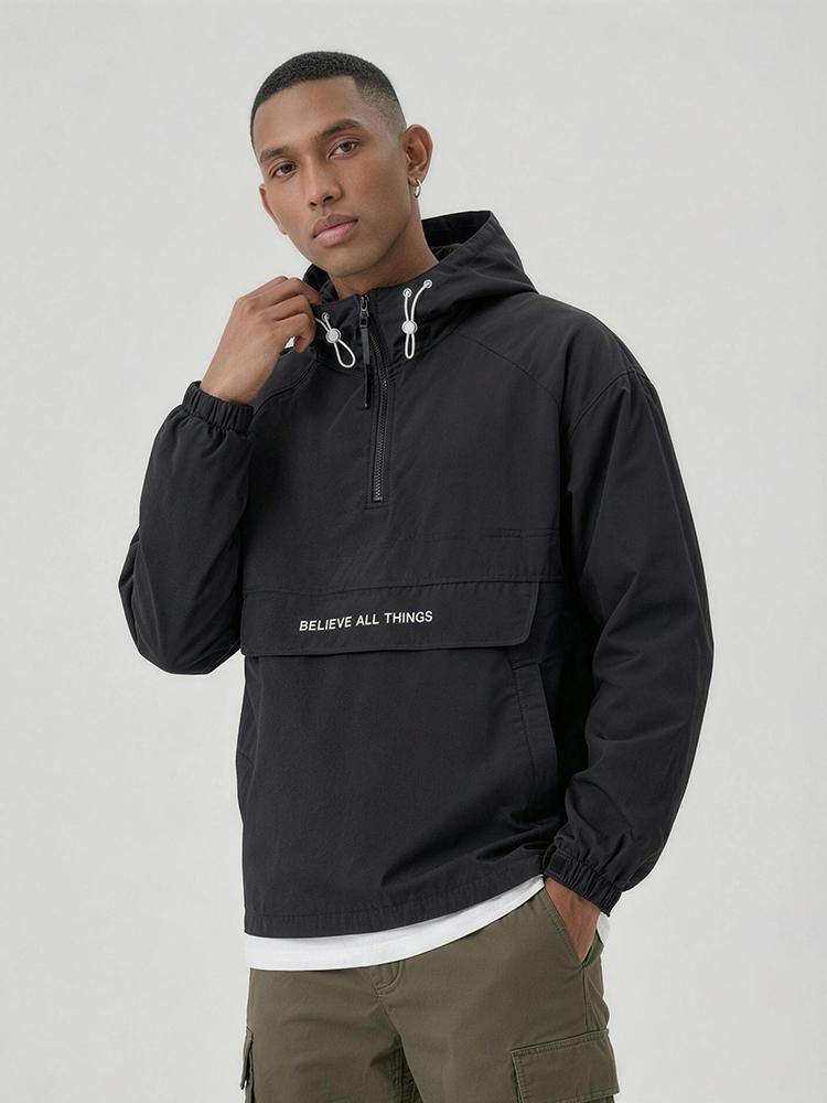 Men’s half-zip hooded jacket, pullover outdoor jacket with a half-button placket, pockets, letter print, suitable for spring and autumn outdoor activities