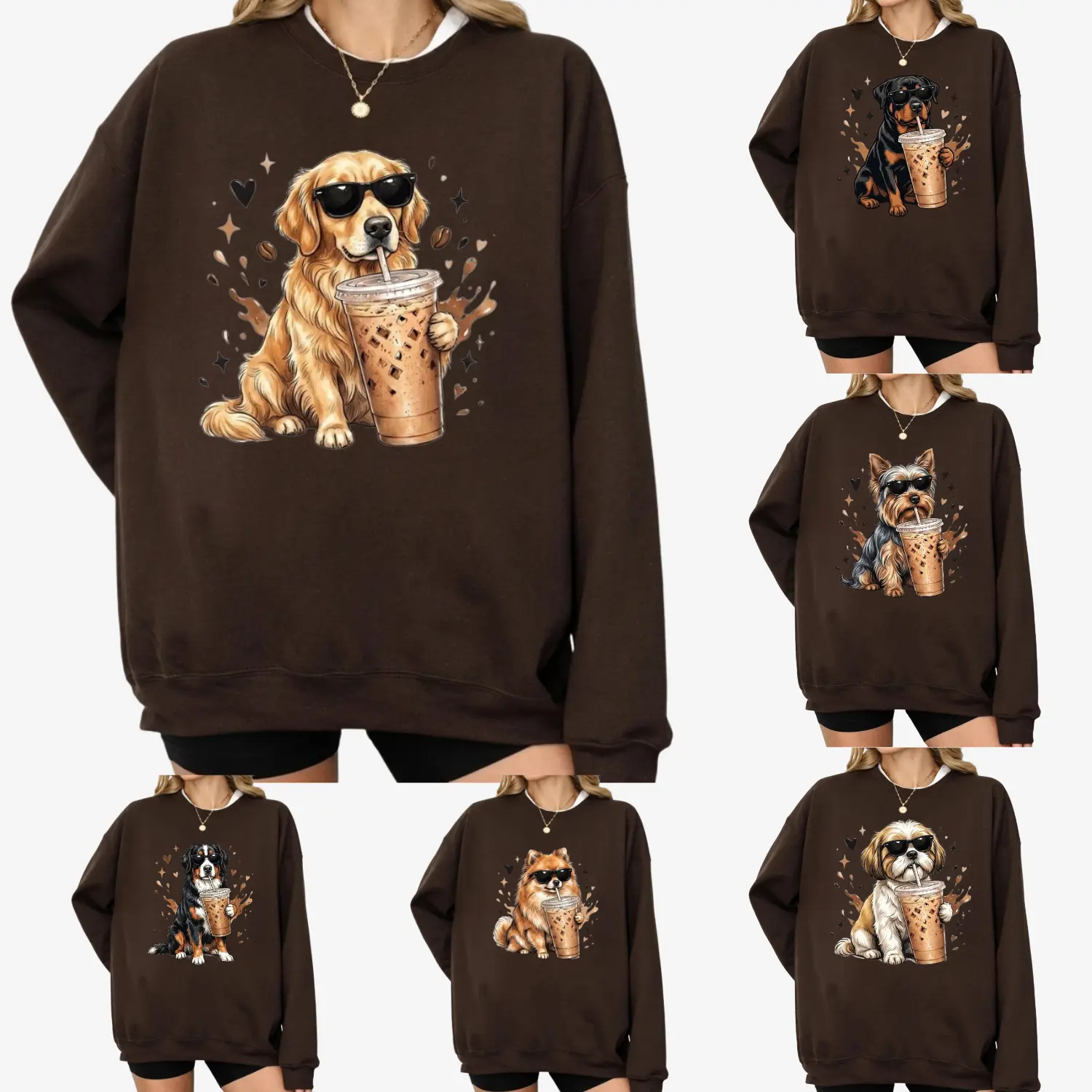 Women's Unisex Long Sleeve Comfortable Hoodie - 30+ Dog Breeds Funny Coffee Graphic Sweatshirt, Cute Iced Coffee Puppy Crewneck, Cozy Everyday Pullover, Fall Winter Gift for Pet Owners (Dark Chocolate), Printed