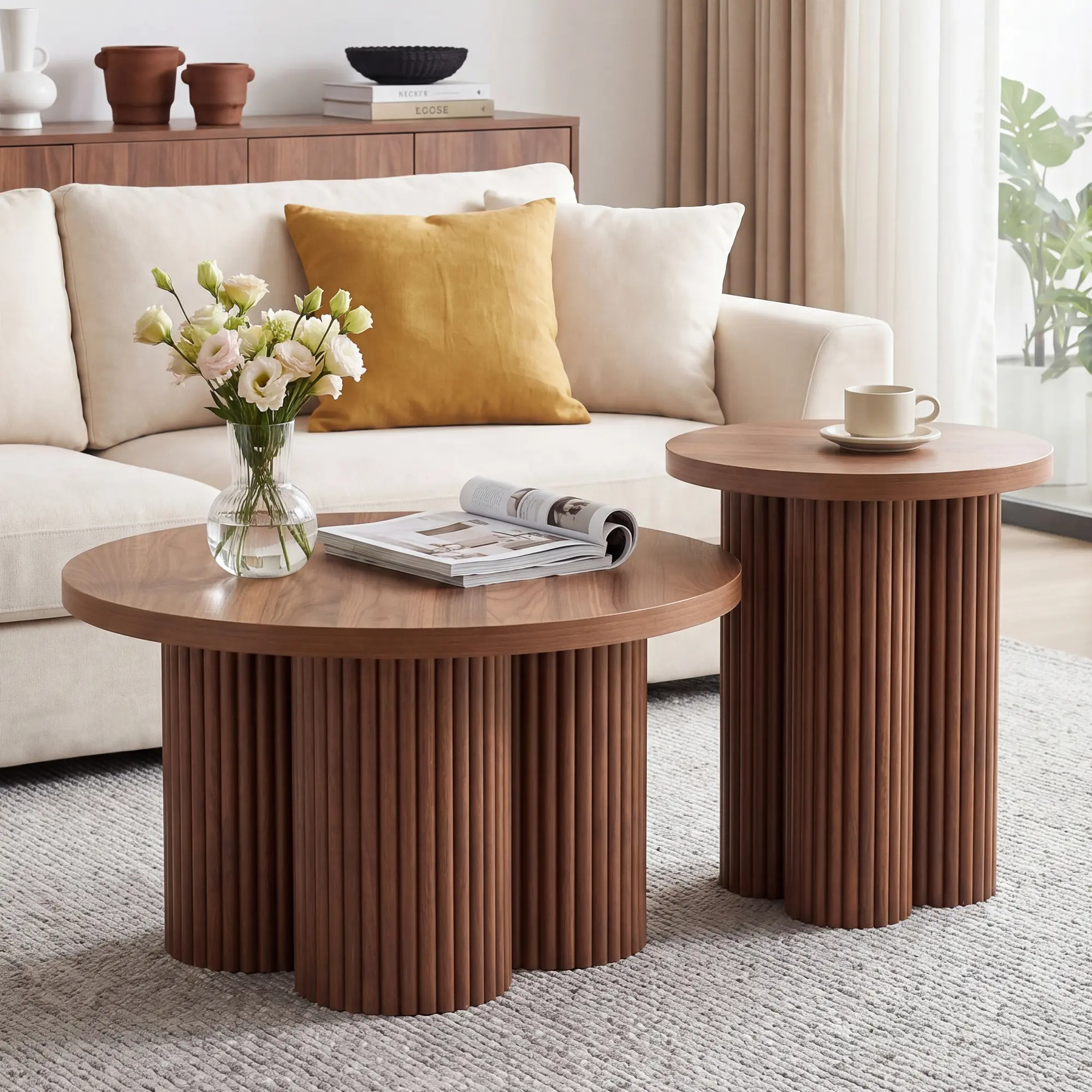 Giratree Nesting Coffee Tables Set of 2, Fluted Nesting Tables for Living Room, Multifunctional Round Coffee Table and Side Table Set Wooden Center Tables Small Coffee Table for Small Spaces Balcony