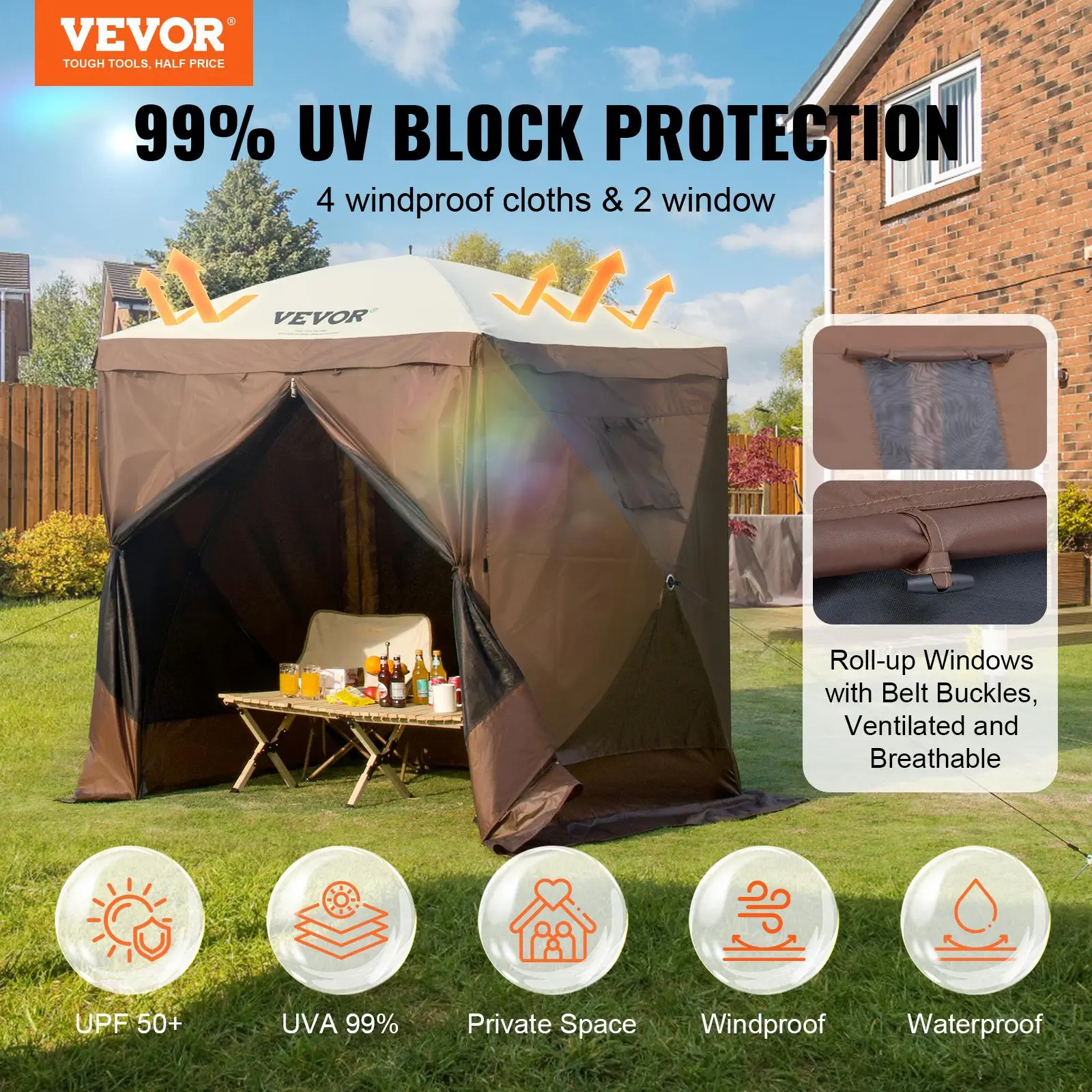 【Backtoschool】VEVOR Pop Up Gazebo Tent, Pop-Up Screen Tent 4 Sided Canopy Sun Shelter with 4 Removable Privacy Wind Cloths & Mesh Windows, 6x6FT Quick Set Screen Tent with Mosquito Netting, Brown