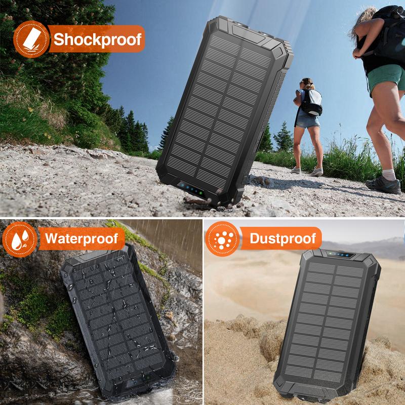 GNC W22 Solar Power Bank: 15W fast charging, 4 built-in cables, 6 outputs, 3 inputs, solar charging, dual flashlights, carabiner, fits all devices.
