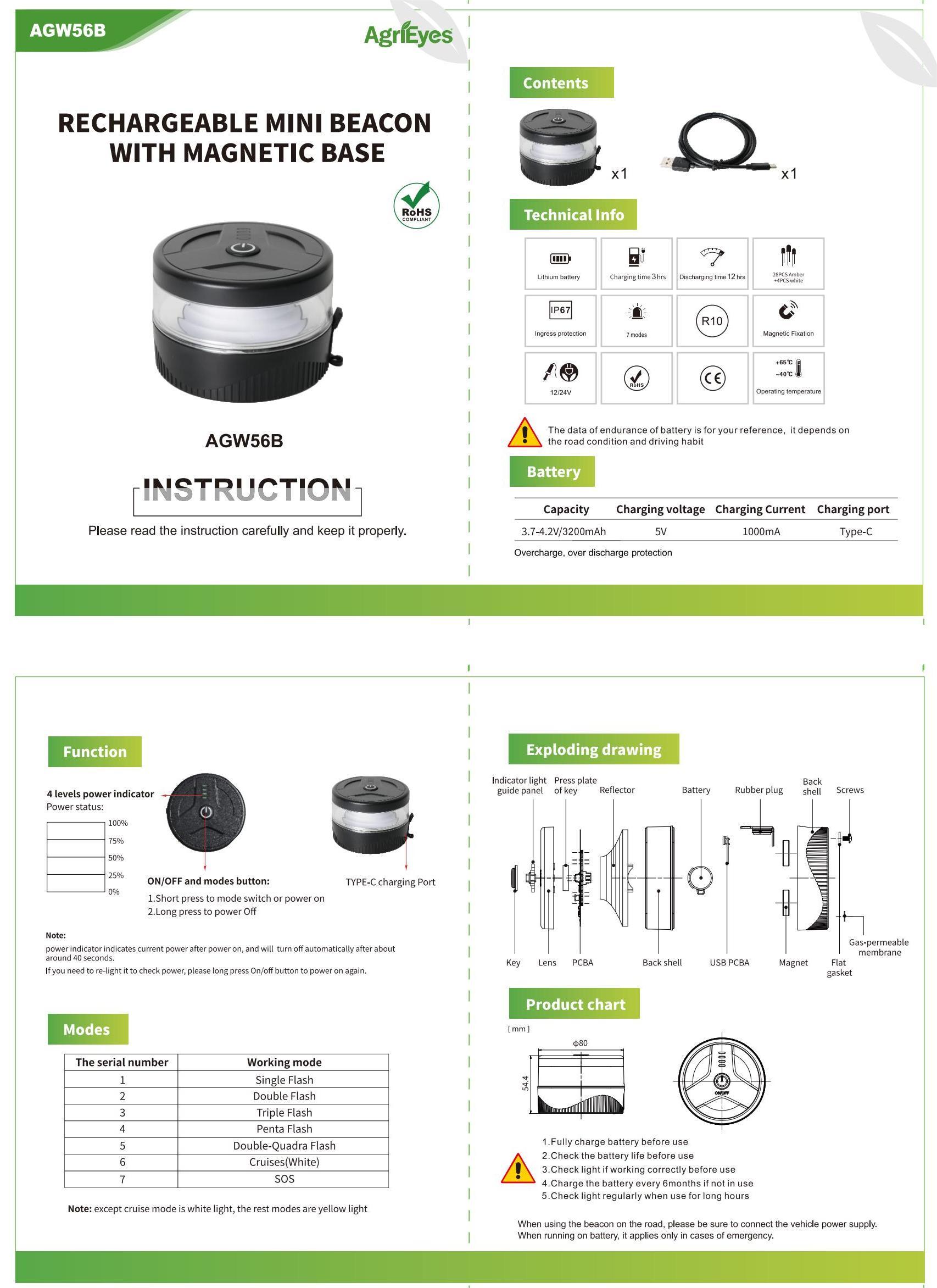AgriEyes W56B Wireless Beacon Light USB-C LED Rechargeable Strobe Light with Magnetic Base IP67 Waterproof 32 LEDs 12-Hour Continuous Use Emergency High Lumens