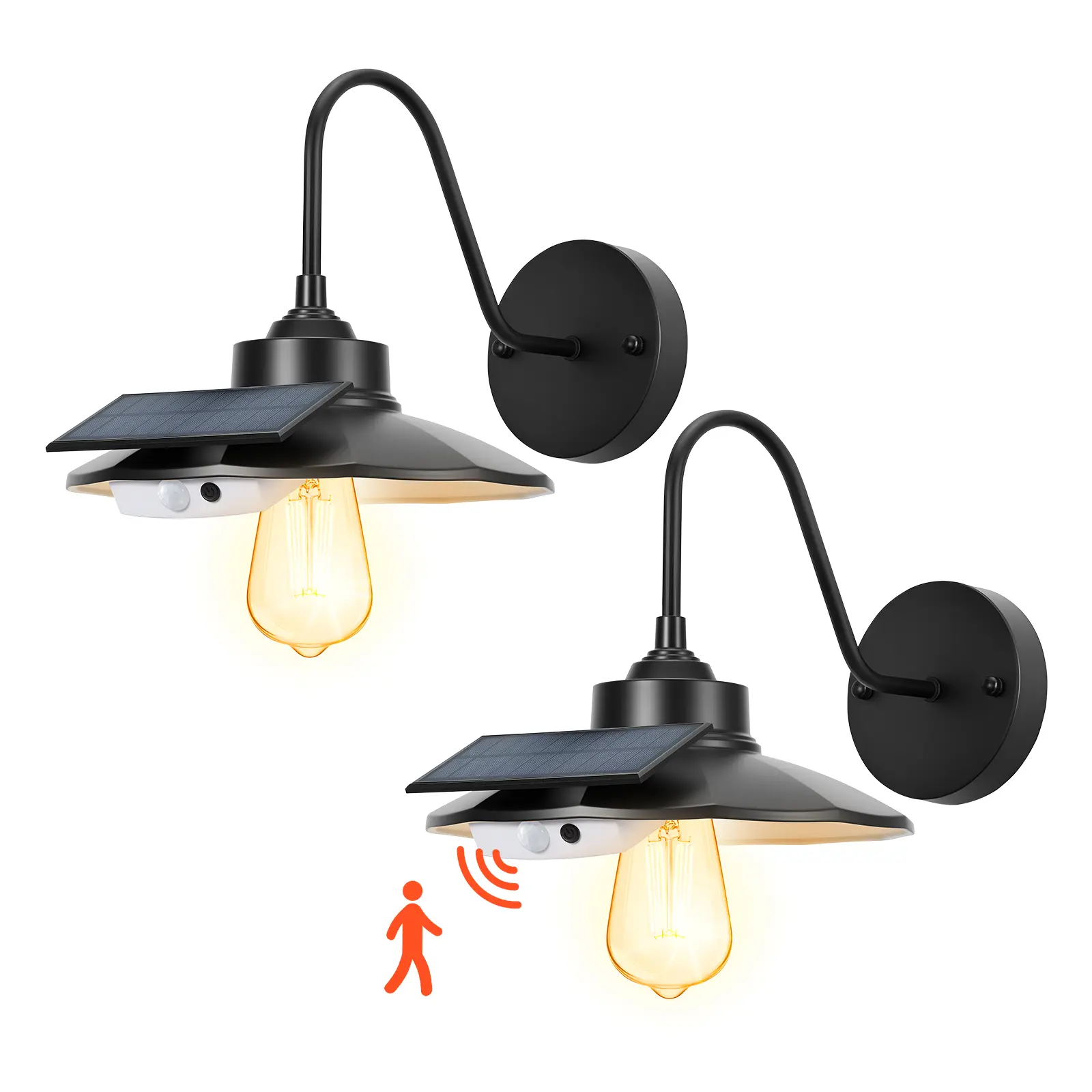 VEVOR 2-Pack 4W Solar LED Patio Wall Sconces, Cast Iron Gooseneck Shape Lights with 3 Lighting Modes, Motion Sensor, E27 Bulb Compatibility, Water Resistant, Warm White for Porch Decor, Garage, Solar Outdoor Lights, Lighted Solar Outdoor Wall Lights