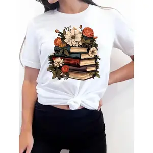 Floral & Book Print Round Neck Tee - Soft & Breathable Relaxed Fit Top for Women, Cottagecore & Reading Aesthetic Summer Blouse | Perfect for Spring Outfits, Book Lover Casual Style, Everyday Comfort Wear