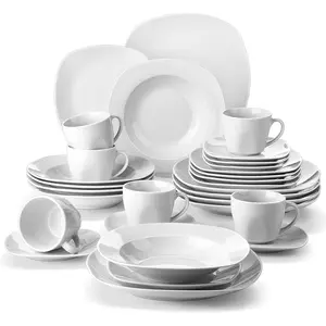 MALACASA Porcelain Dinnerware Set, White Cutlery Dish Set for 6, Square Ceramic Dishware Sets, Chip and Scratch Resistant Plates and Bowls Sets, Cups and Saucers Tableware, Series ELISA