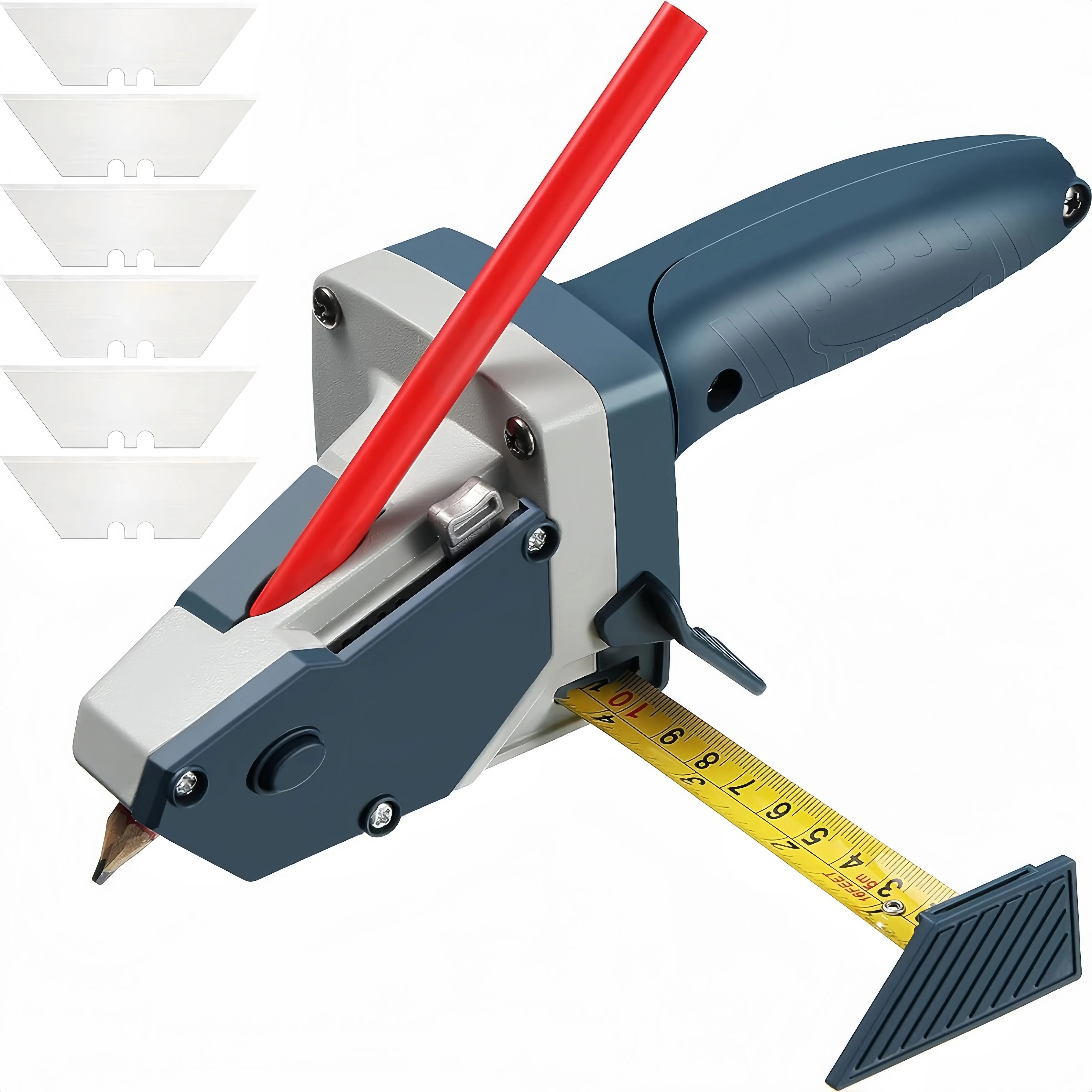 Multi-Material Cutter Professional Drywall Cutting Kit With Tape Measure - Aluminum Alloy & TPR Plastic for Dust-Free Wallboard, Foam Board, KT Paper Cuts - Includes Pencil and 5 Extra Blades, Woodworking Circle Drawing Line Tool Locator