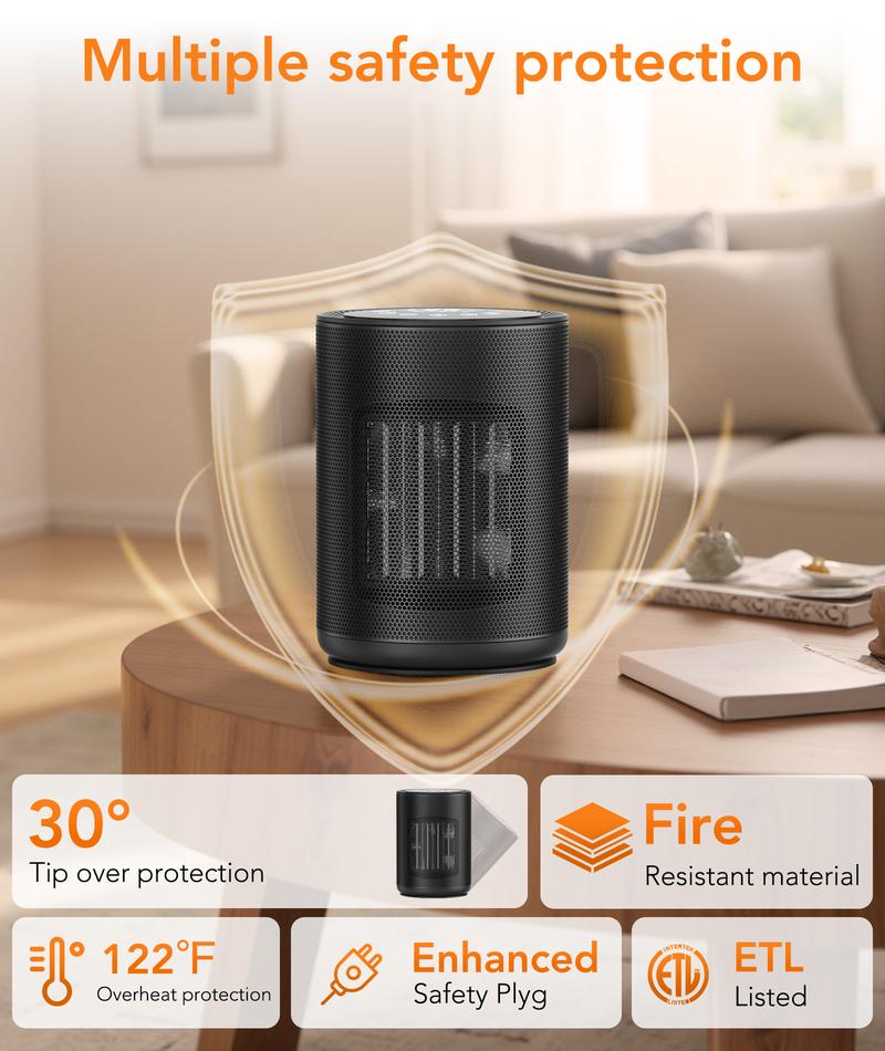 R.W.FLAME Space Heater for Indoor Use, Portable Electric Heater with Remote, Thermostat, Child Lock, Digital Display, 24H Timer, 4 Modes, 1500W PTC Fast Heating Ceramic for Office Bedroom