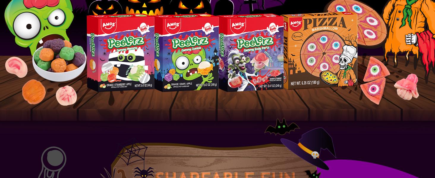 Amos Halloween Gummy Party Pack – Eyeballs, Body Parts, Mummy & More! | Spooky Candy Box for Trick-or-Treating | FREE Gift Bag Included