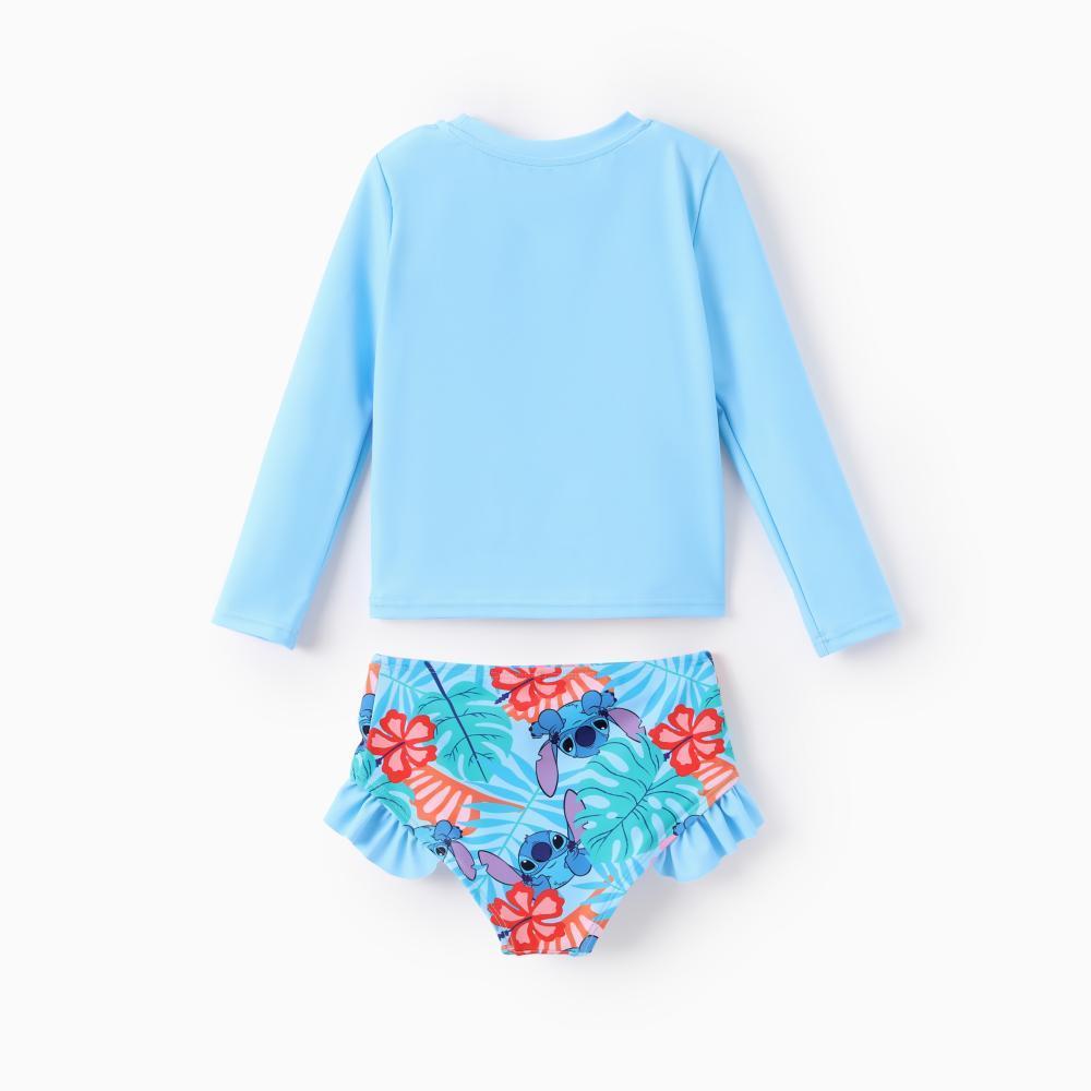Disney Stitch & Angel Girls 2-Piece Swimsuit Bundle - Tropical Print Long Sleeve Rash Guard & Ruffle Bottom Set, Official Lilo & Stitch Swimwear for Toddlers & Little Girls,