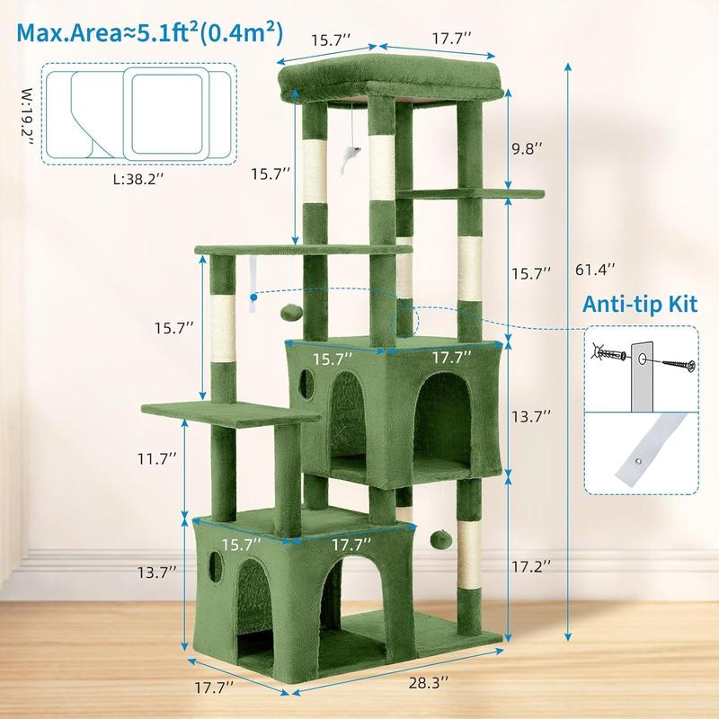 61" Large Cat Tree Tower for Indoor Cats, Heavy-Duty Multi-Level Cat Condo for Maine Coon & Big Cats with Extra-Large Perch, 2 Spacious Houses, Sisal Scratching Posts & Hanging Toys