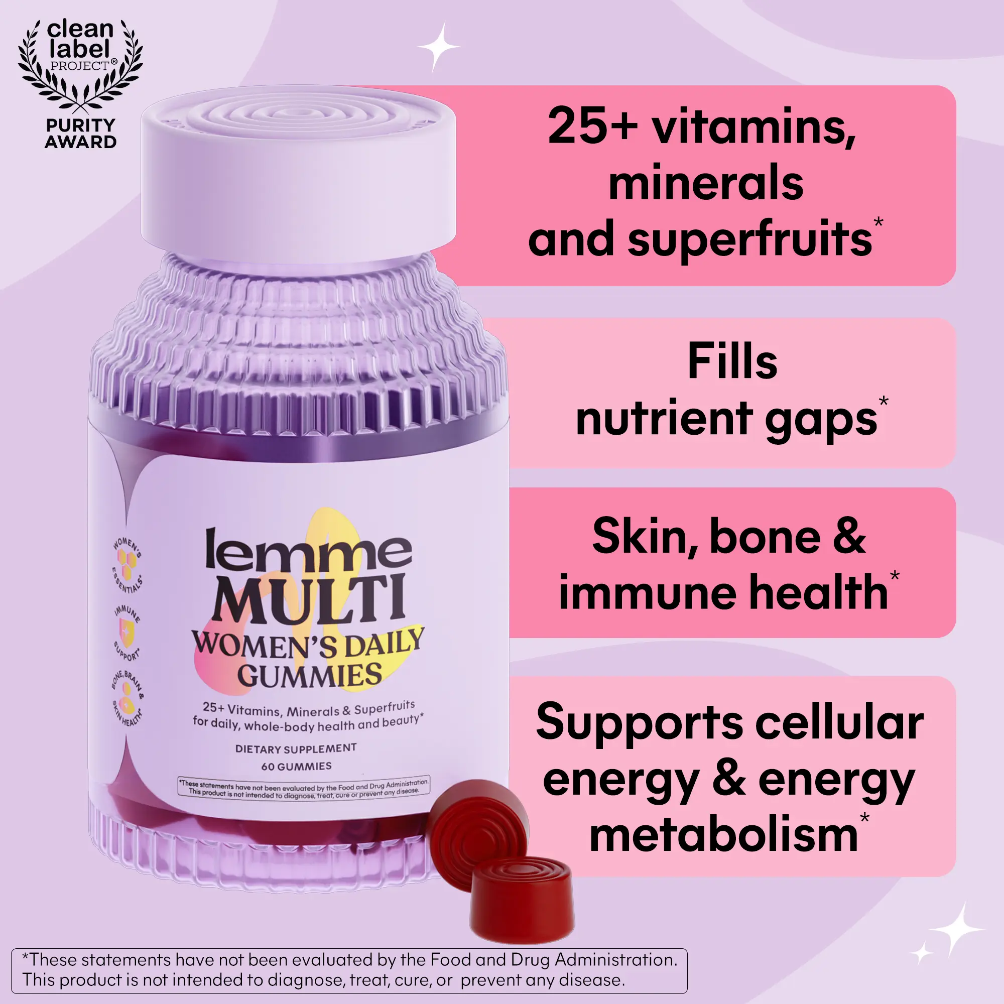 Lemme Women's Multivitamin Gummies, Daily Nutritional Support with Vitamins A, C, D, E, Biotin, Folic Acid, Zinc & Inositol, Bone, Brain, Skin & Immune Health, Raspberry Orange, 30-Day Supply