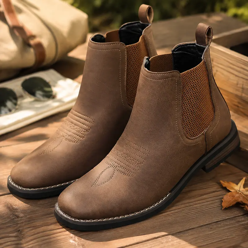 Men's Square Toe Chelsea Boots Western Stitched Vamp Pull On Chunky Sole Casual Everyday Rodeo Country Concert Shoes Black Brown