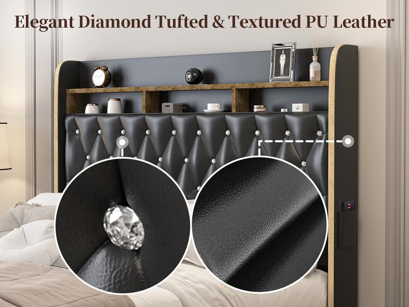 Queen LED Bed Frame with Storage Drawers Upholstered Platform Bed Galaxy Star Projector Charging Station Speaker Aurora Bedframe 2-Tier Storage Headboard Noise-Free PU Leather Velvet Funky Bedroom Furniture