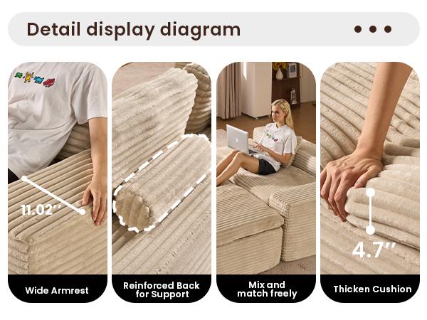 【2 Packages Shipping】Ovios 106" Modular Cloud Couch with Chaise, Upgraded Double Layer Cushion Plush Corduroy, No Assembly Required - L-Shaped Sectional Sofa Set with Flexible Configuration - 3 Seater