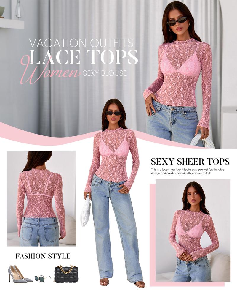 BTFBM Lace Tops for Women 2025 See Through Mesh Top Crew Neck Long Sleeve Fitted Sheer Party Club Outfits Fall Fashion BTFBM Lace Tops for Women 2025 See Through Mesh Top Crew Neck Long Sleeve Fitted Sheer Party Club Outfits Fall Fashion