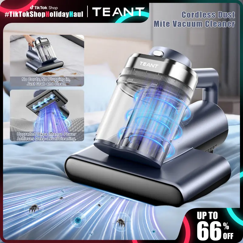 2026 Teant Upgraded Cordless Mattress Vacuum Cleaner, 18KPa Powerful Suction with UV-C Light, 149°F Hot Air, HEPA Filter, LED Display & Aroma Function for Bed, Sofa, Couch and Carpet