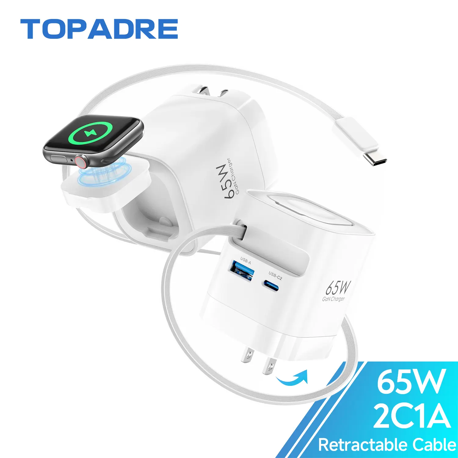 TOPADRE 65W All-in-1 Wireless Charger for Apple Watch with Retractable Cable, GaN High Power 4-in-1 Charging Device for Apple Watch, iPhone 17/16/15,  Tablet, Wireless Earbuds,back to school,back to school haul