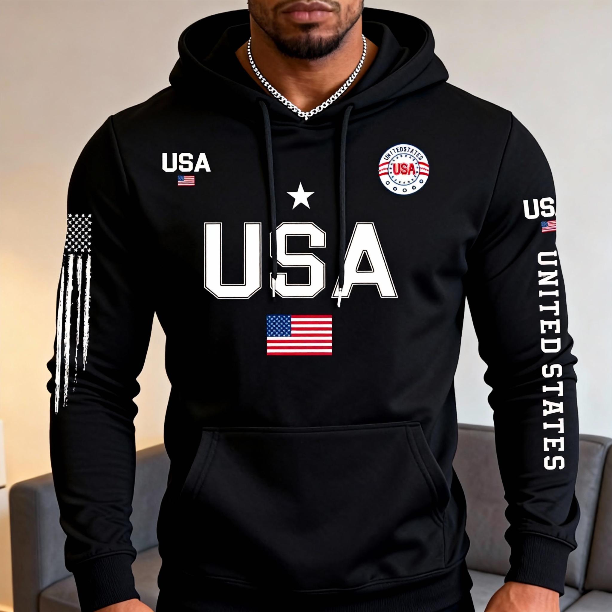 Trendy USA Graphic Hoodie for Men Multi-color Loose Fit Sports Hooded Top with American Flag Detail
