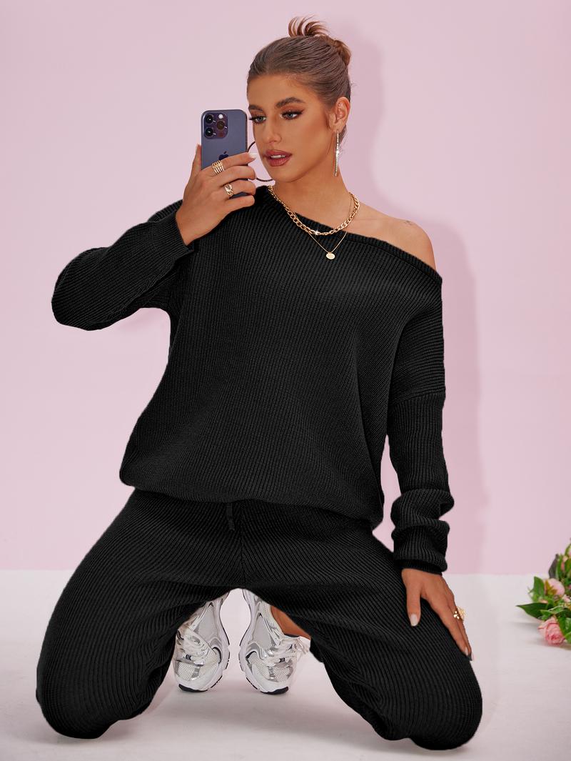 Joyfunear 2pc Set Top & Bottoms - Minimalist Crew Neck Long Sleeve Fitted Black Casual Basic Suits for Women