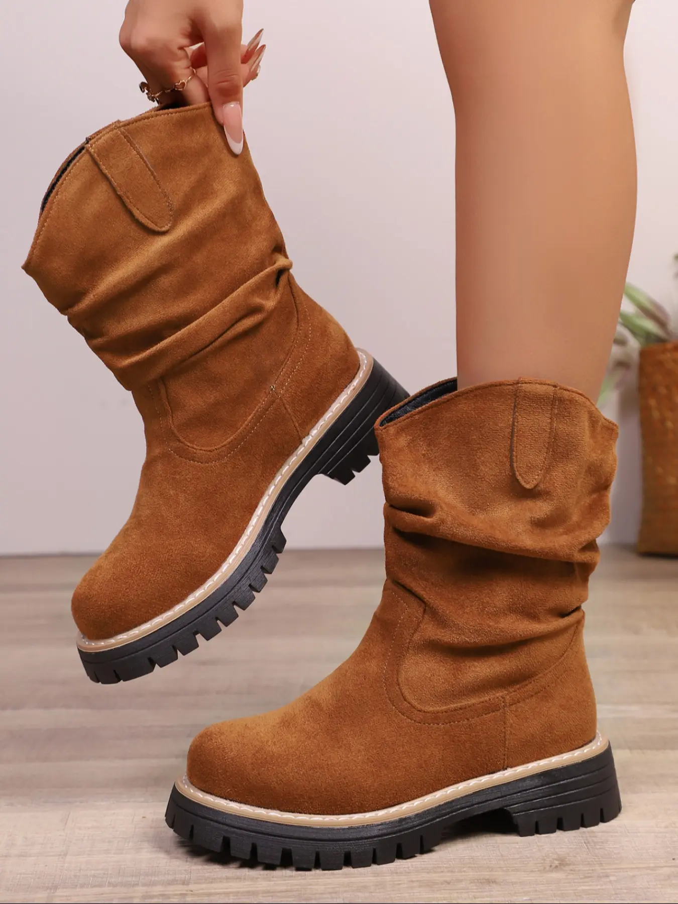 Women's new style pleated design fashionable warm outdoor solid color stretch velvet long boots, Casual warm boots, trendy mid-calf vintage denim boots, combat boots, motorcycle boots, Western Cowboy Boot, Western Inspired Boots, Footwear