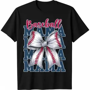 Cotton Short Sleeve Baseball T-Shirt with Bow Coquette Style Perfect for Mothers Day and Baseball Moms
