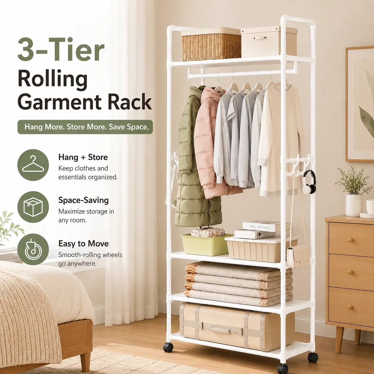 Carbon Steel 3-Tier Rolling Garment Rack with Hanging Space, Shelves, Side Hooks, and Caster Wheels - Household Mobile Clothes Organizer (Box Pack) for Bedroom, Small Spaces, Modern