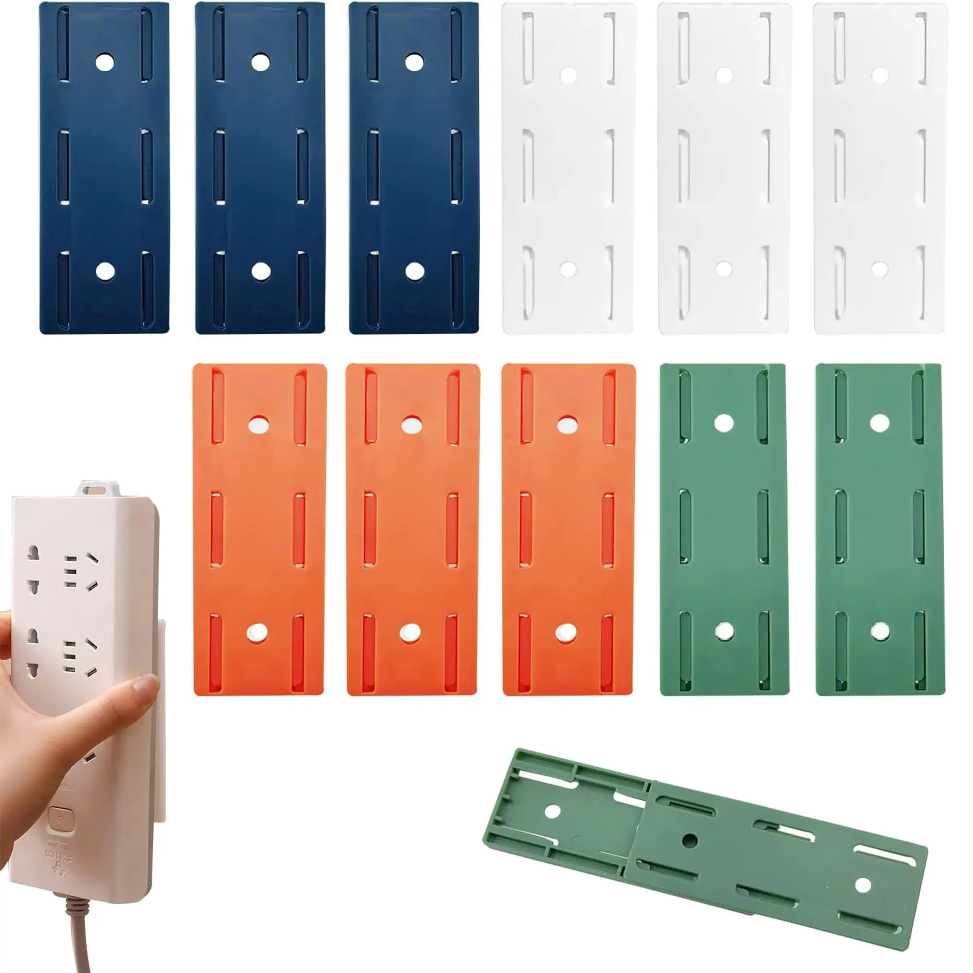 10 Counts Self Adhesive Power Strip Holder, Multi-Surface Socket Fixer - Tile/Wood/Metal Compatible with 12 Assorted Colors