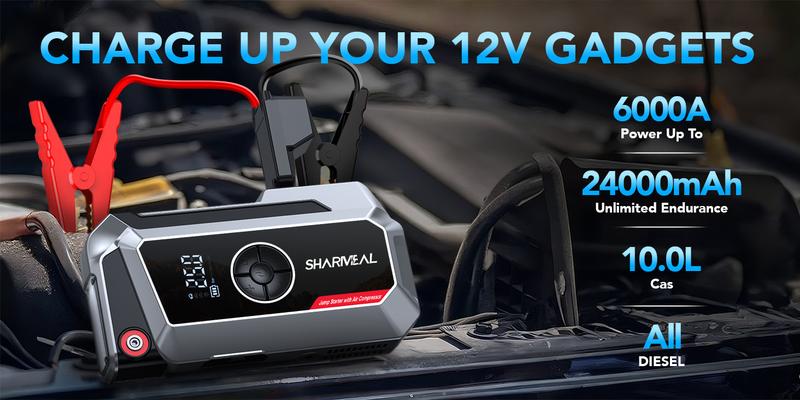 6000A Portable Car Jump Starter with Air Compressor 12V Battery Jump Starter Power Pack Tire Inflator with Extended Smart Jumper Cables for All Gas & up to 10.0L Diesel Engines