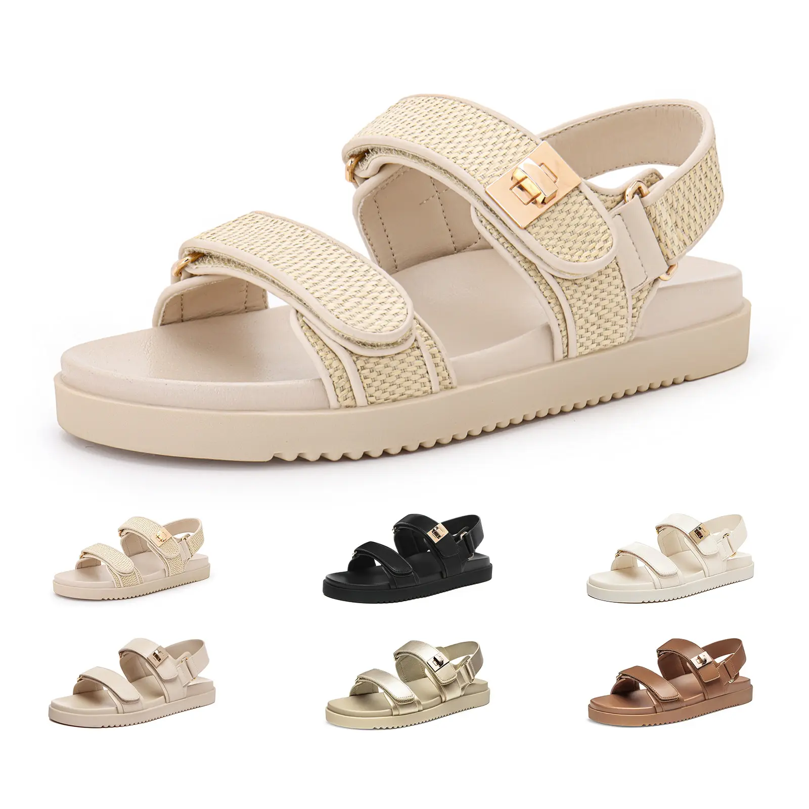 Women's Flat Sandals Comfort Adjustable Double Strap Slip on Leather Footbed Sandals Outdoorfun Footwear Soft Material Gold Tone Hardware Non Slip Outsole - Summervibes,back to school,back to school haul