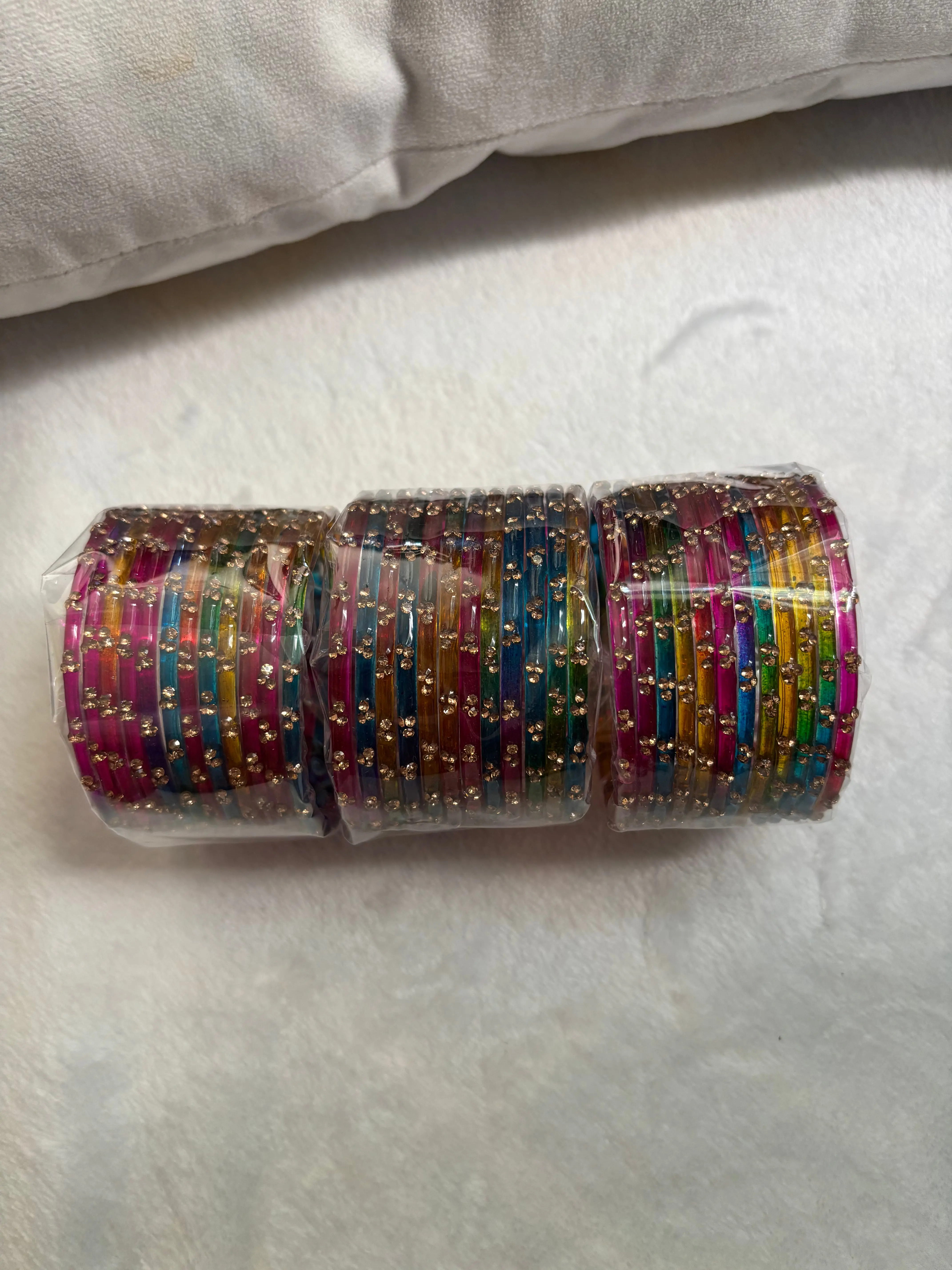 Rainbow Glass Bangles With Stone Worked One Dozen