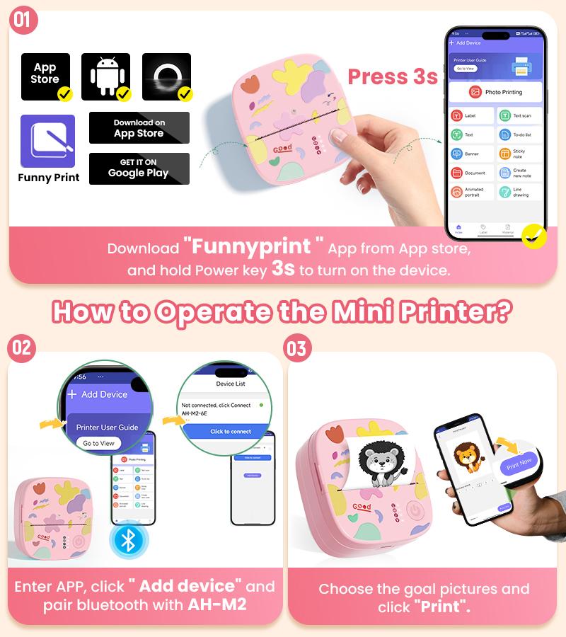 [CrazyThursdayLIVE] XenGro Mini Sticker Bluetooth Printer included 3 Roll label Thermal Pocket Printer,Inkless Portable Printer B&W Printing Only for Study Notes, Photos, Memos, Lists, Journals Printing Machine Sticky Label, Birthday Gifts for Girls Boys