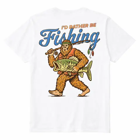 Men's Casual Shortsleeve Tshirt - Retro Forest Giant Fishing Graphic Print, Round Neck, Cryptidcore, I’d Rather Fish Menswear, Vintage Fisherman Gift Top