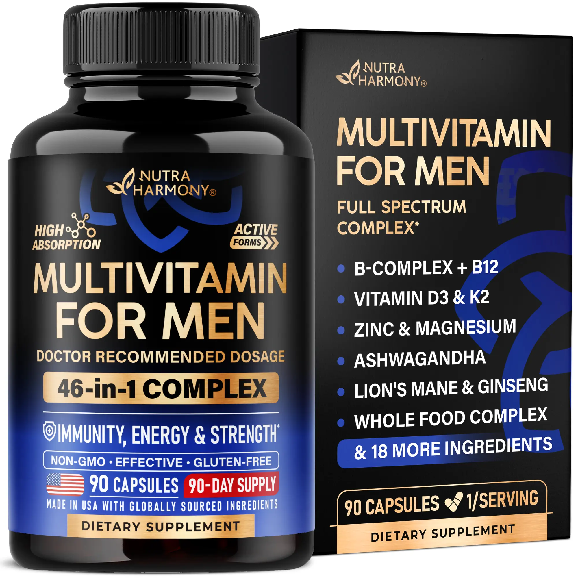 46-in-1 Multivitamin Complex for Men. B-Complex, Whole Foods & Enzymes for Energy, Focus & Brain. Bioavailable & Gentle on Stomach. Made in USA. 90 Capsules