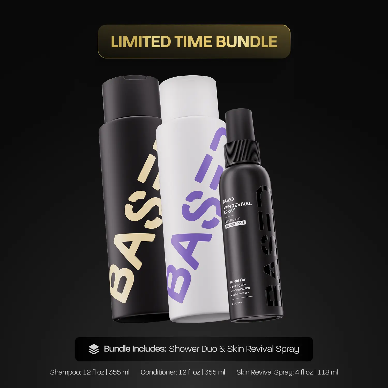 BASED Shower Duo + Skin Revival Spray – Shampoo, Conditioner, Hypochlorous Acid Spray | Gentle Cleanse, Nourishing Moisture | Science-Backed, Effective