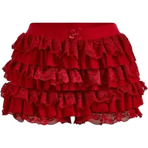 Women's pleated shorts lace Lolita floral elastic waist bow front shorts mini