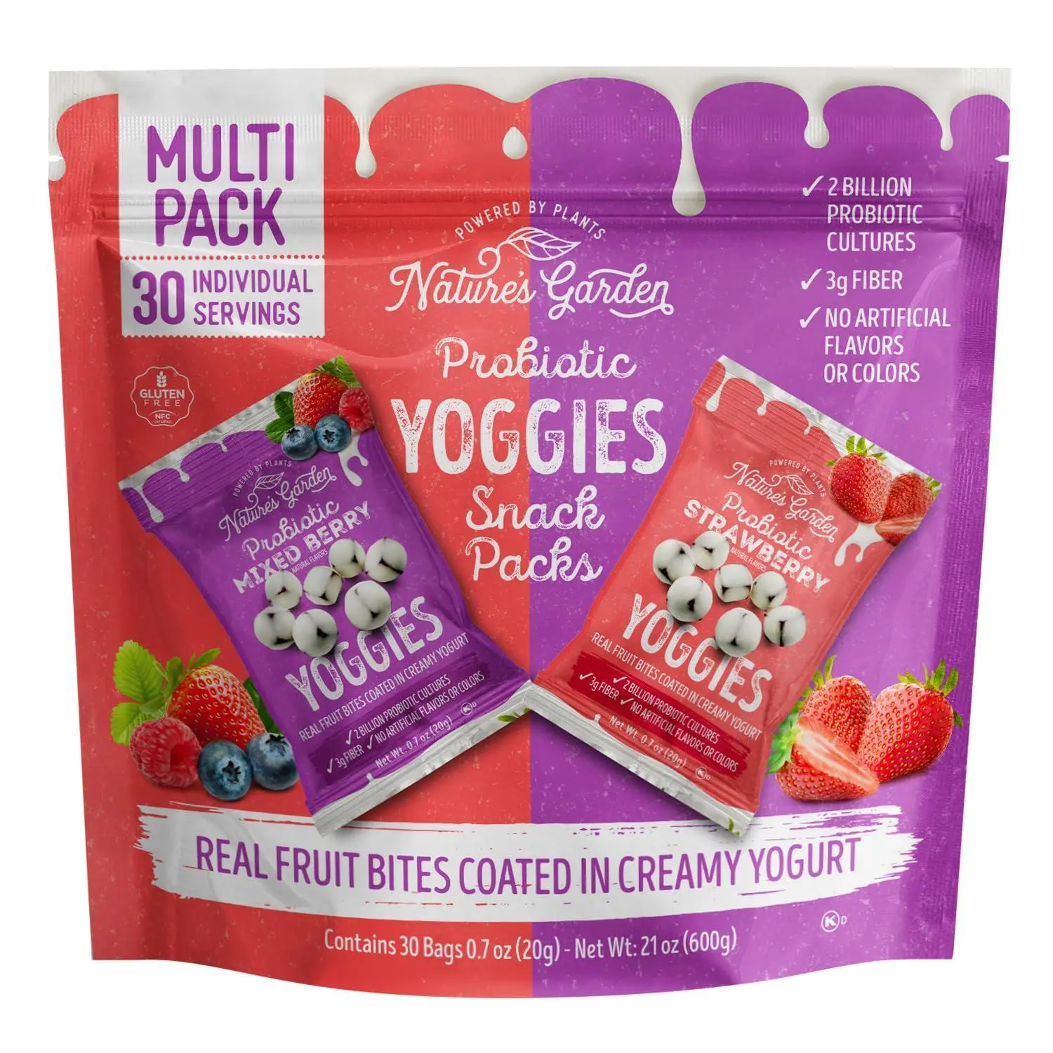 Nature's Garden Probiotic Yoggies Multi Pack 21oz Strawberry & Mixed Berry Yogurt Covered Snack High Fiber Healthy Treat Fruit Yougurt 30 Individual Servings