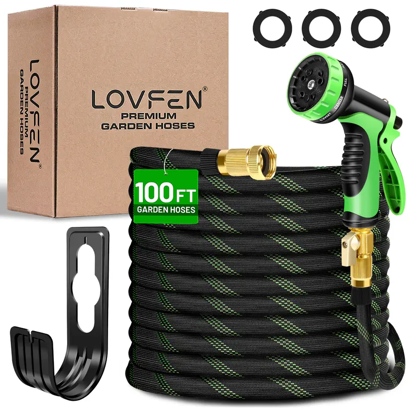 LOVFEN Garden Hose 100 Ft, Kink Free Flexible Water Hose With 10-Pattern Spray Nozzle, Lightweight Hose Pipe, Leak Proof, 3/4" Swivel Connectors, Super Fabric, Portable Storage Strap