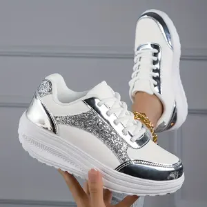 Women's Stylish Sporty Trainers, Lace Up Platform Soft Sole Sequins Glitter Shoes, Low-top Wedge Daily Sneakers Walking Shoes Girl