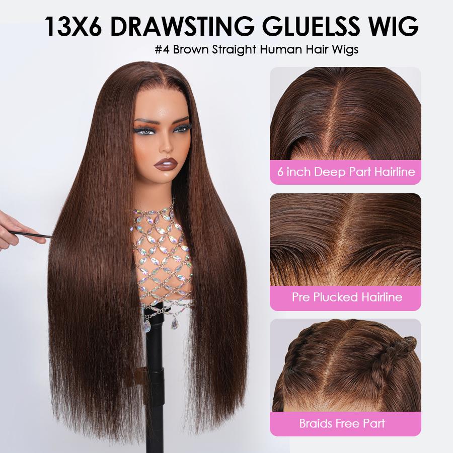 Pizazz Hair #4 Chocolate Brown Straight Glueless Wigs 13x6 HD Transparent Lace Frontal Wigs Human Hair Pre Plucked Natural HairLine With Drawstring