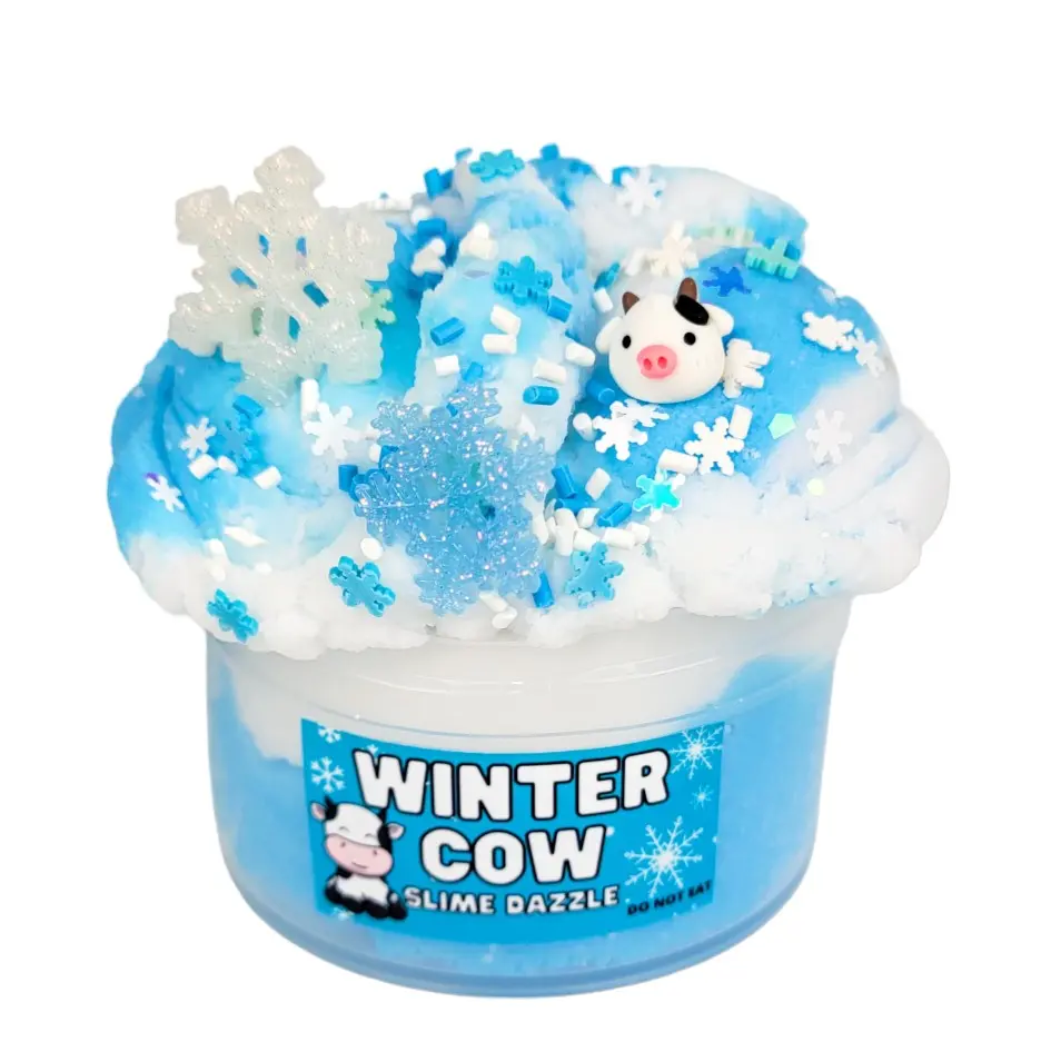 Winter Cow Cloud Slime 8 FL OZ – White & Blue Drizzly Slime with Vanilla Marshmallow Scent, Cow & Snowflake Charms, Sprinkles – Beginner Friendly Fluffy Slime