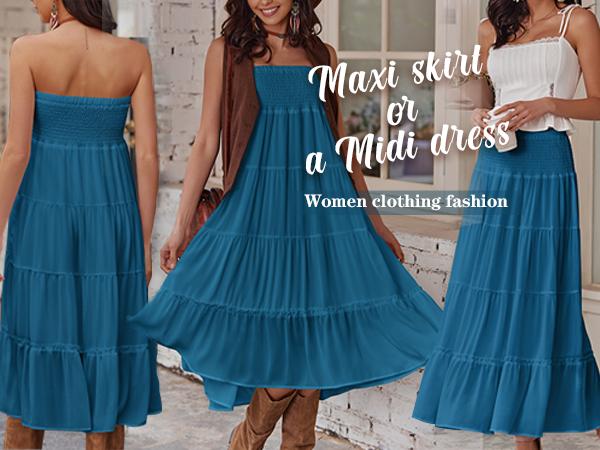 Women's Long Maxi Skirts Tiered Elastic High Waist Boho Double Layered Print A-Line Casual Midi Dress