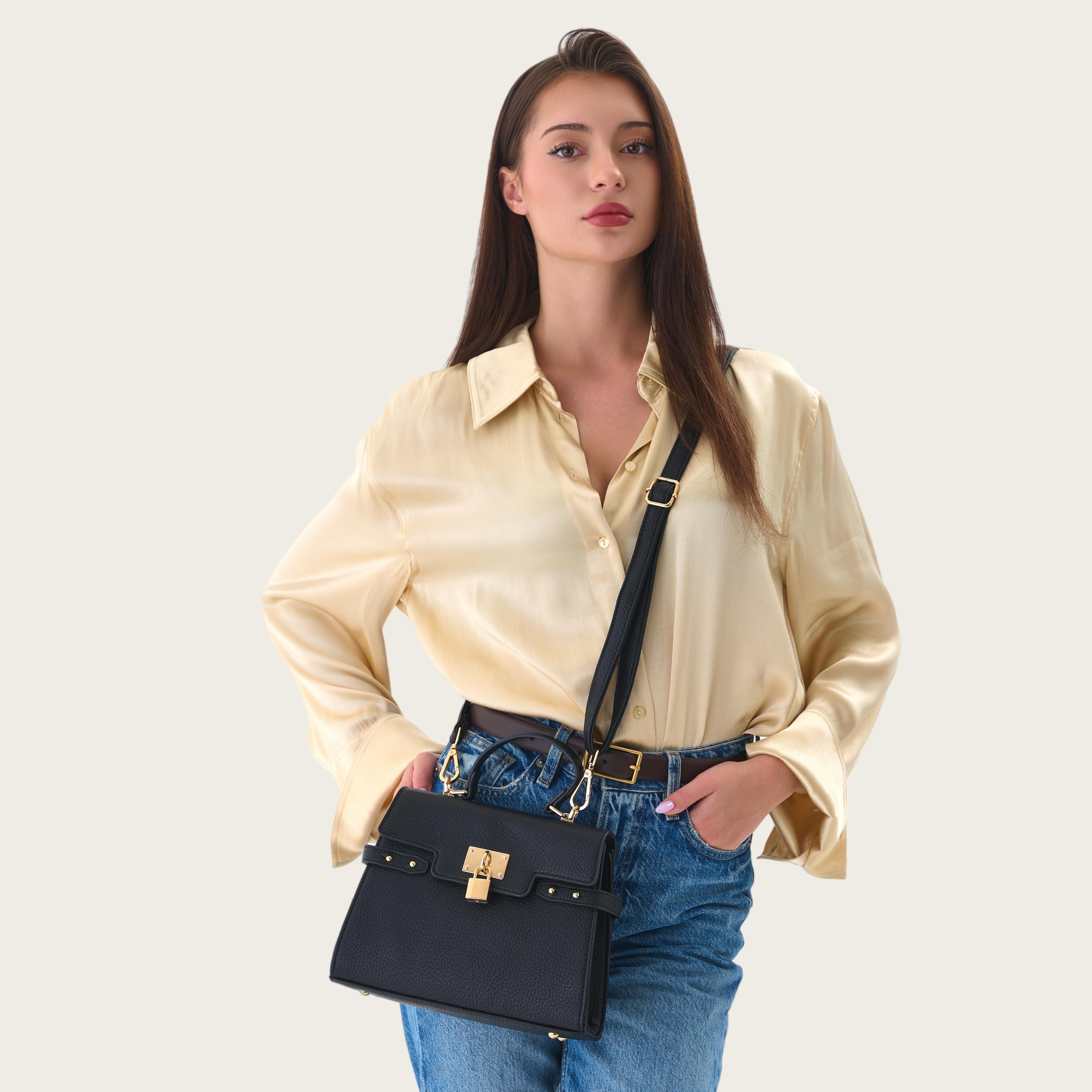 Women’s Multi-Color Elegant Textured Zipper Shoulder Bag – Structured Vegan Leather Top Handle Purse with Gold Lock Closure, Adjustable Strap, and Spacious Capacity for Everyday Use
