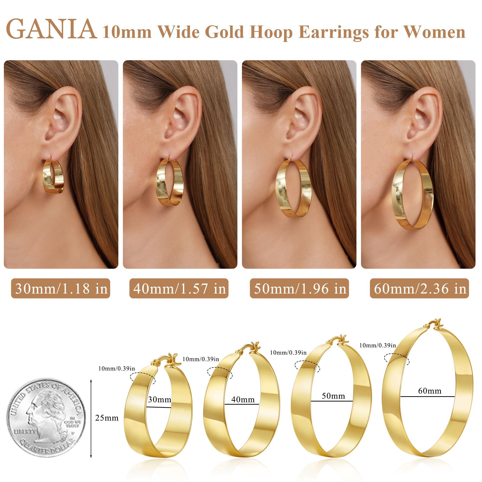 GANIA 18K gold hoop earrings - Women's version, hypoallergenic multi-size earrings with a lightweight large hoop design - 30/40/50/60 millimeters - Valentine's Day gift