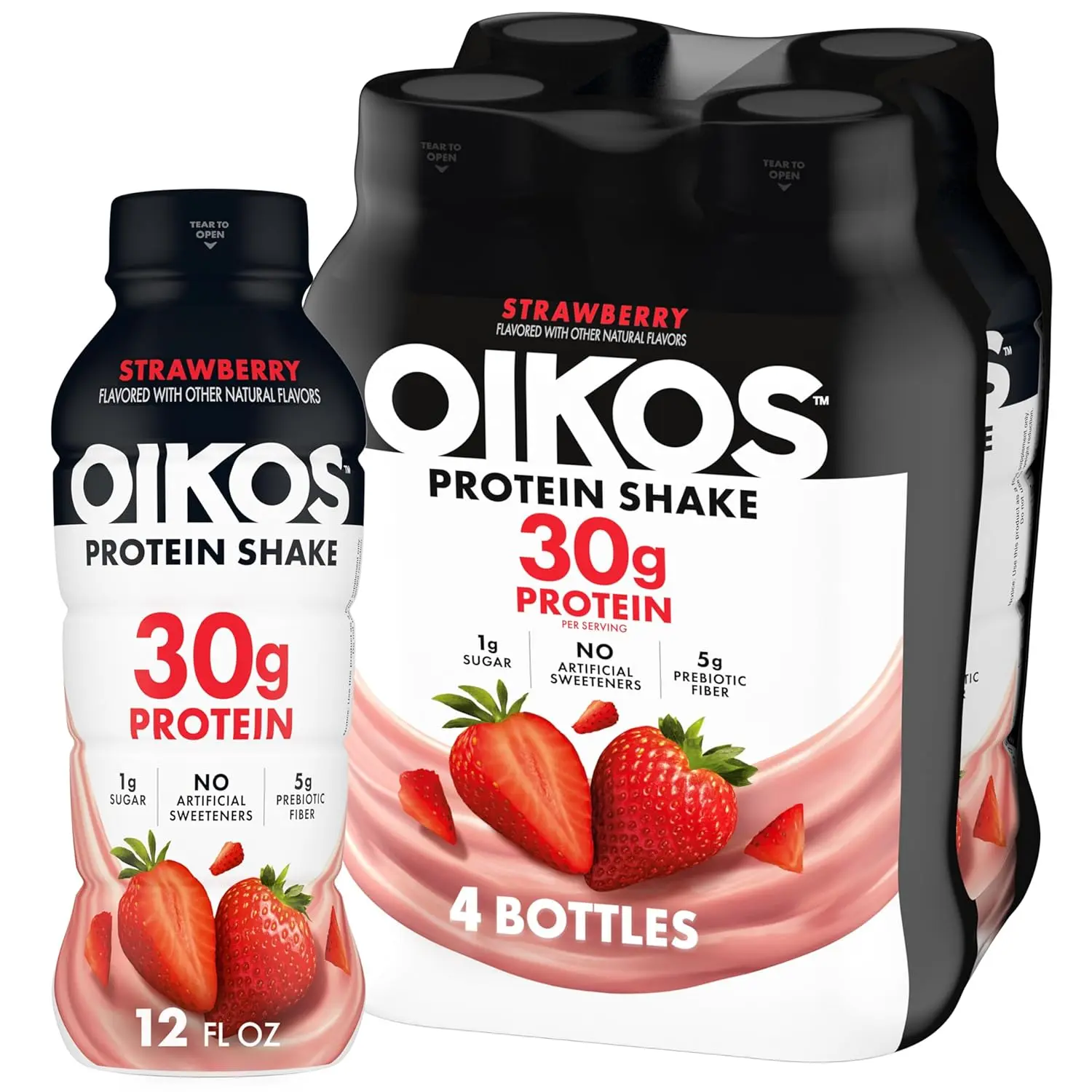 Oikos 30g Protein Shake, Strawberry Flavor, 12 fl oz Shelf-Stable Ready-to-Drink Bottles, 4 Count, High-Protein Drink with 5g Prebiotic Fiber